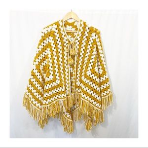 Vintage Afghan Granny Squares Fringe Tie Pom Pom Tassel Tie Knit Poncho Sweater